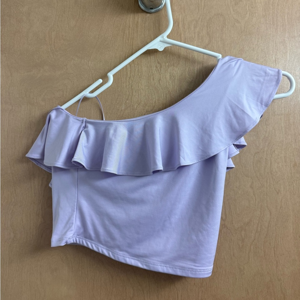 Express Lilac Off-Shoulder Ruffle Crop Top - Picture 1 of 3